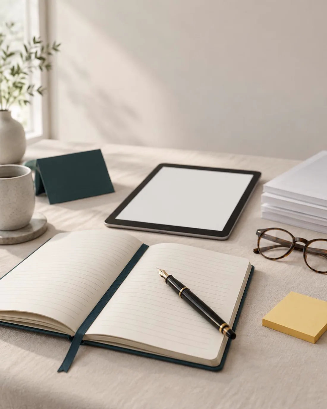 Mesa de trabalho com caderno aberto, caneta, tablet e documentos alinhados